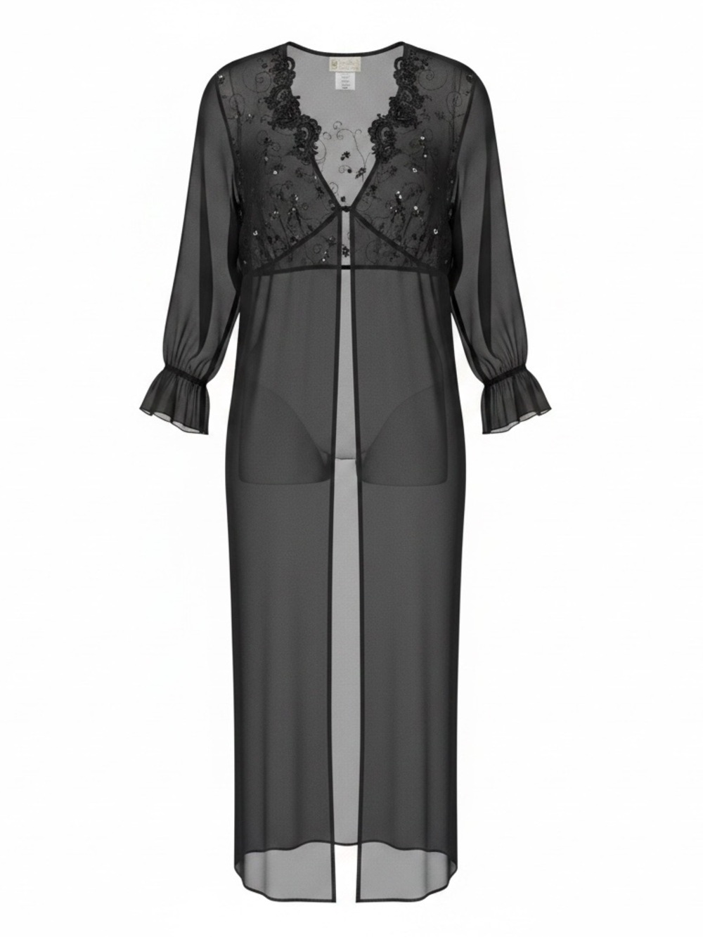 Vintage Embroidered Sheer Long Robe in Black